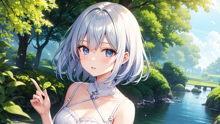 super high quality, with a girl, 20-year-old, very short hair, long bangs between the eyes, pale blue eyes , blue sky, sunlight, very detailed,(masterpiece、highest quality)、alone、gray hair、laughter、White skin as clear as snow、fantasy, silver hair, black eye, beautiful eyes,, ecstasy, charm, be smitten with audience, fantasyな風景