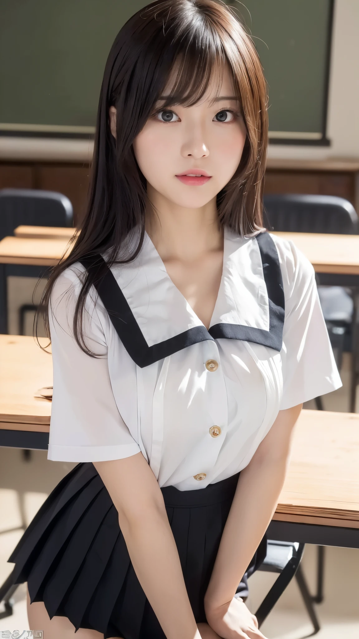 (extremely details CG、Unity、8K Wallpapers)、(extremely delicate and beautiful)、(​masterpiece)、(top-quality:1.0)、(超A high resolution:1.0)、beautiful  lighting、perfect lightning bolt、realistic shadow、[hight resolution]、Detailed skin、ultra-detailliert、detailed faces and eyes、Realistic eyes、Sharp pupils、Colossal tits, Inside the classroom、School、Evening glow、beauitful face、blurry backround、16-year-old beautiful girl、shinny skin、Side Up、Beautiful black hair、Blunt bangs、a sailor suit、Pleated miniskirt、Gentle smile、NSFW, ((masutepiece, Best Quality)), (Shiny skin), (nffsw, 8K Wallpaper, High resolution), Cinematic lighting, Physically-based rendering, Award-winning, highlydetailed skin, extra detailed face, Eyes with beautiful details, Carl Zeiss 85mm F/1.4, (((1 man and 1 girl, Having sex))), (cowgirl position:1.3), (cum in , On the chest and thighs), Very cute 16 year old schoolgirl, (Brown hair, stright long hair, I open my eyes, Round face), Big with cleavage, (Sailor Blouse, Lifting a pleated skirt yourself:1.3), (((nose blush, Naughty))), looking at away, drool and white liquid flowing, (Spread legs, Thigh Focus), In the classroom, One man is lying on the floor、 Blue Hour, Shot from below,I see something big from the sailor blouse、
