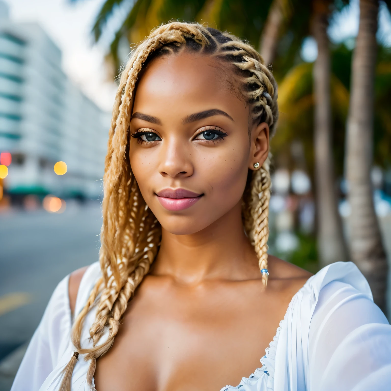(selfie, center view: 1.4), (full of the body: 1.4), RAW UHD portrait photo of a 28-year-old African (blue-eyed African woman mixed brazillian), blonde braids, large breasts, (skirt), behind her Miami beach, (neckline), details (textures! , hair! , glitter, color!! , disadvantages: 1.1), glossy eyes with high detail (looking at the camera), SLR lighting, SLR camera, ultra-quality, sharpness, depth of field, film grain (center), Fujifilm XT3, crystal clear, frame center, beautiful face, sharp focus, bokeh (dimly lit), day, detailed skin pores, oily skin, sunburn, complex eye details, full body, large breasts