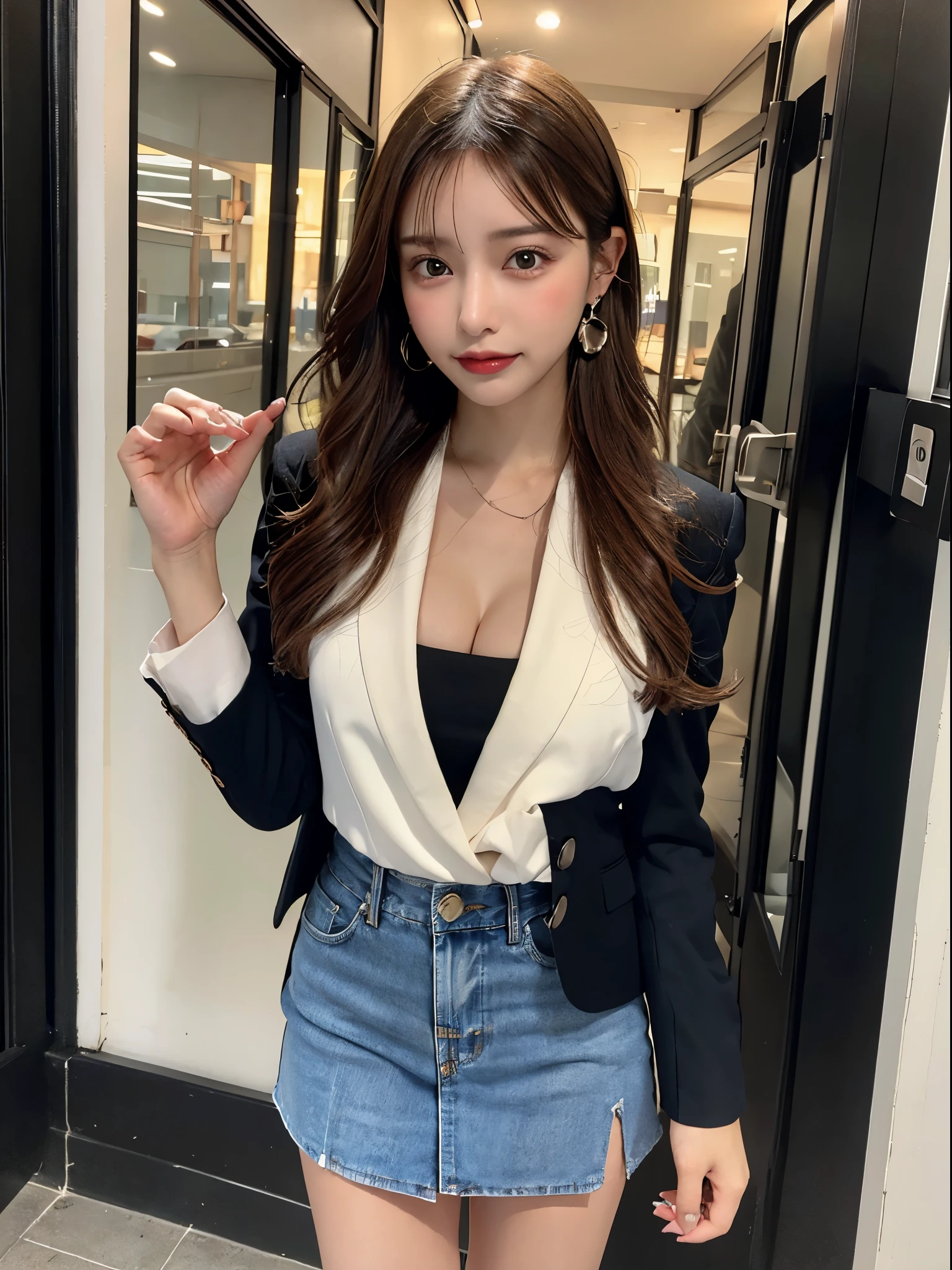 best quality, masterpiece, 1 girl, pretty face, (photo actual:1.3), edge lighting, (High detail skin:1.2), 8k ultra high definition, SLR camera, high quality, high resolution, 4K, 8k, Bokeh,  ridiculous, The optimal ratio of four fingers to one thumb, (actual:1.3), cute 1 girl, Wearing a black formal blazer, medium breasts, short skirt,