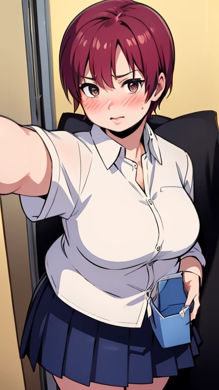 masterpiece,  best quality, highly detailed, obese KeiKsmt-KJ, shirt, skirt,  obese body, bright eyes, blushing, selfie, from above