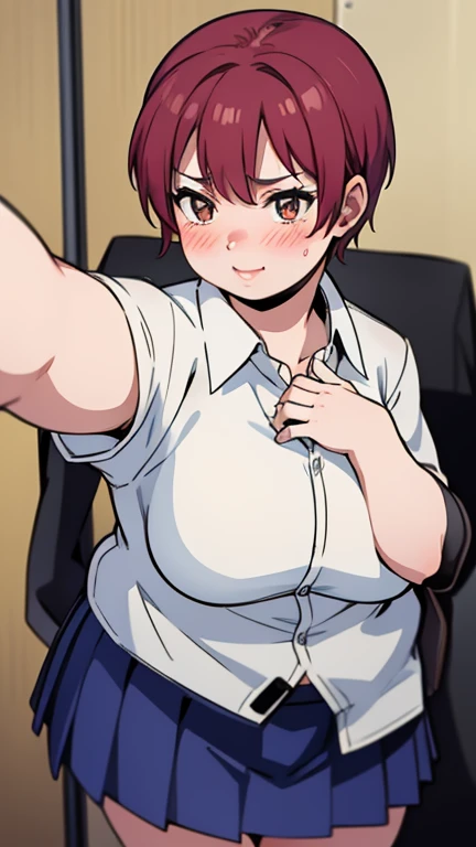 masterpiece,  best quality, highly detailed, obese KeiKsmt-KJ, shirt, skirt,  obese body, bright eyes, blushing, selfie, from above