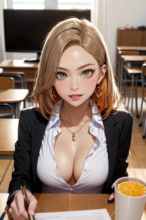 (table top: 1.3), (maximum resolution: 1.2), (Ultra HDTV: 1.2), cinema light, Ultra HDTV, (fine eyes and skin), (detailed facial features), ticker, 8K resolution, sharp focus: 1.2, perfect style, beautiful face, Accurate, anatomically correct, Highly detailed face and skin texture, fine eyes, (light green eyes), double eyelid, thin eyebrows, glitter eyeliner: 1.2, natural cheeks, Glossy skin, Fair skin: 1.2, small shiny necklace and earrings, (glossy lips: 1.4), break, absurd, one person&#39;s perspective, (she is high school Teacher), 22 years old, (Wear a front V-shaped open shirt:1.2), (formal jackets, pencil skirt, high heels), (No bra, Bare cleavage:1.2), (enchanting smile: 1.2), (look at the viewer), ((innocent and cute girl:1.3)), (layered hairstyles, smooth hair), (orange hair:1.3), (medium bob hair:1.2), (cowboy shot: 1.2), Focus on the chest and face, ((very close relationship: 1.2)), very big breasts, ((lying on the table:1.4)), ((In school library)), (Head-on:1.2),