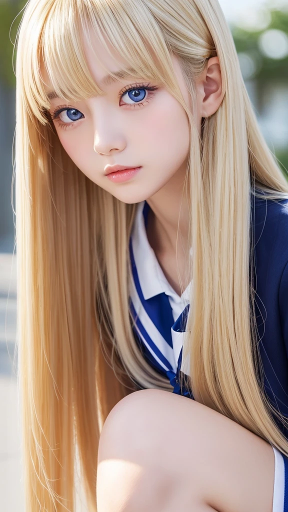 perfect beautiful face、beautiful cute teenage girl、school uniform、sailor suit、Sexy and very beautiful cute face、beautiful cute sexy sky blue eyes、very super long beautiful shiny silky straight blonde hair、super long beautiful bangs、white skin、Shiny skin、gross face、cheek gloss highlight、blonde hair above the eyes、片blonde hair above the eyes、blonde between the eyes、とても真っ白な輝く明るいShiny skin、very big eyes、hair over eyes、hair over one eye、hair between eyes、