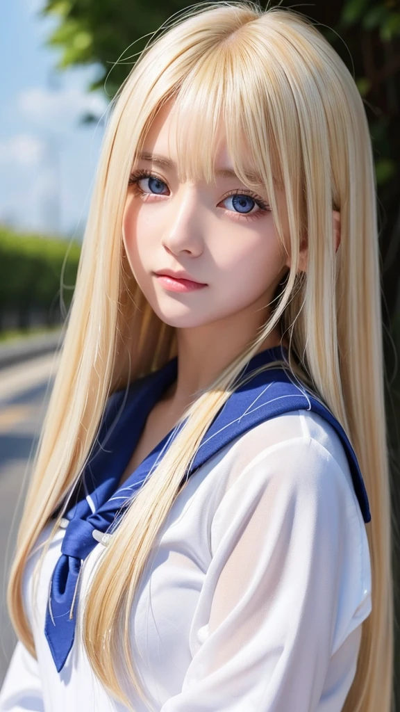 perfect beautiful face、beautiful cute teenage girl、school uniform、sailor suit、Sexy and very beautiful cute face、beautiful cute sexy sky blue eyes、very super long beautiful shiny silky straight blonde hair、super long beautiful bangs、white skin、Shiny skin、gross face、cheek gloss highlight、blonde hair above the eyes、片blonde hair above the eyes、blonde between the eyes、とても真っ白な輝く明るいShiny skin、very big eyes、hair over eyes、hair over one eye、hair between eyes、
