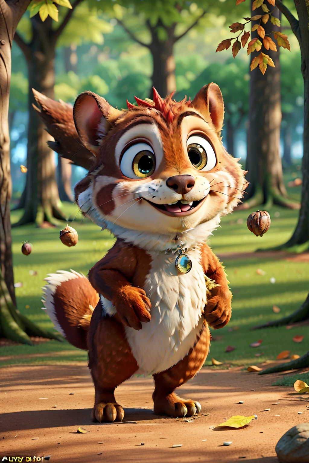 Imagine a lively squirrel named Nutty, with fur sporting a vibrant mix of autumn hues, as he scampers playfully through the trees in a hyper-realistic, 8k, ultra high definition, Pixar style or Disney Style, Cinema 4D animation. Leaves crunch underfoot as he dashes from branch to branch, acorns scattered in his wake, his energetic scamper leaving no doubt as to his name. With rich textures and captivating detail, this image brings Nutty to life in a stunning, 3:2 aspect ratio.