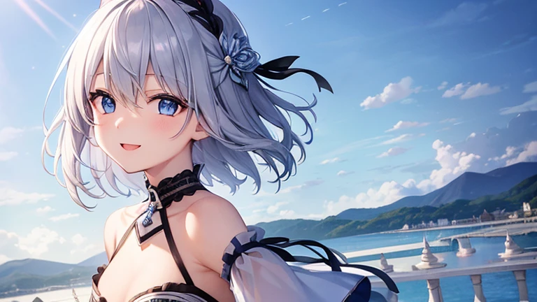 super high quality, with a girl, 20-year-old, very short hair, long bangs between the eyes, pale blue eyes , blue sky, sunlight, very detailed,(masterpiece、highest quality)、alone、gray hair、laughter、White skin as clear as snow、fantasy, silver hair, black eye, beautiful eyes,, ???????, charm, be smitten with audience, fantasyな風景、A smile in the sky