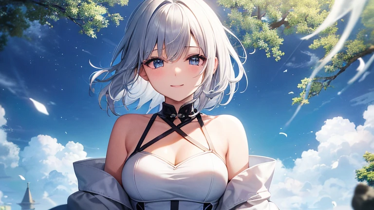 super high quality, with a girl, 20-year-old, very short hair, long bangs between the eyes, pale blue eyes , blue sky, sunlight, very detailed,(masterpiece、highest quality)、alone、gray hair、laughter、White skin as clear as snow、fantasy, silver hair, black eye, beautiful eyes,, ecstasy, charm, be smitten with audience, fantasyな風景、A smile in the sky