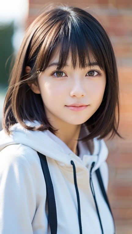 high school girl,Hairstyle(Short length,short hair,Bangs Patsun),short hair,cute,girly,adorable,detailed face,accurate and perfect face,Super detailed,Realistic,correct anatomy,white parka jacket,Do not wear a hood,big breasts,whole body(slender),skin that looks real,beautiful skin,realistic textured skin,indoor,soft light,Professional light,