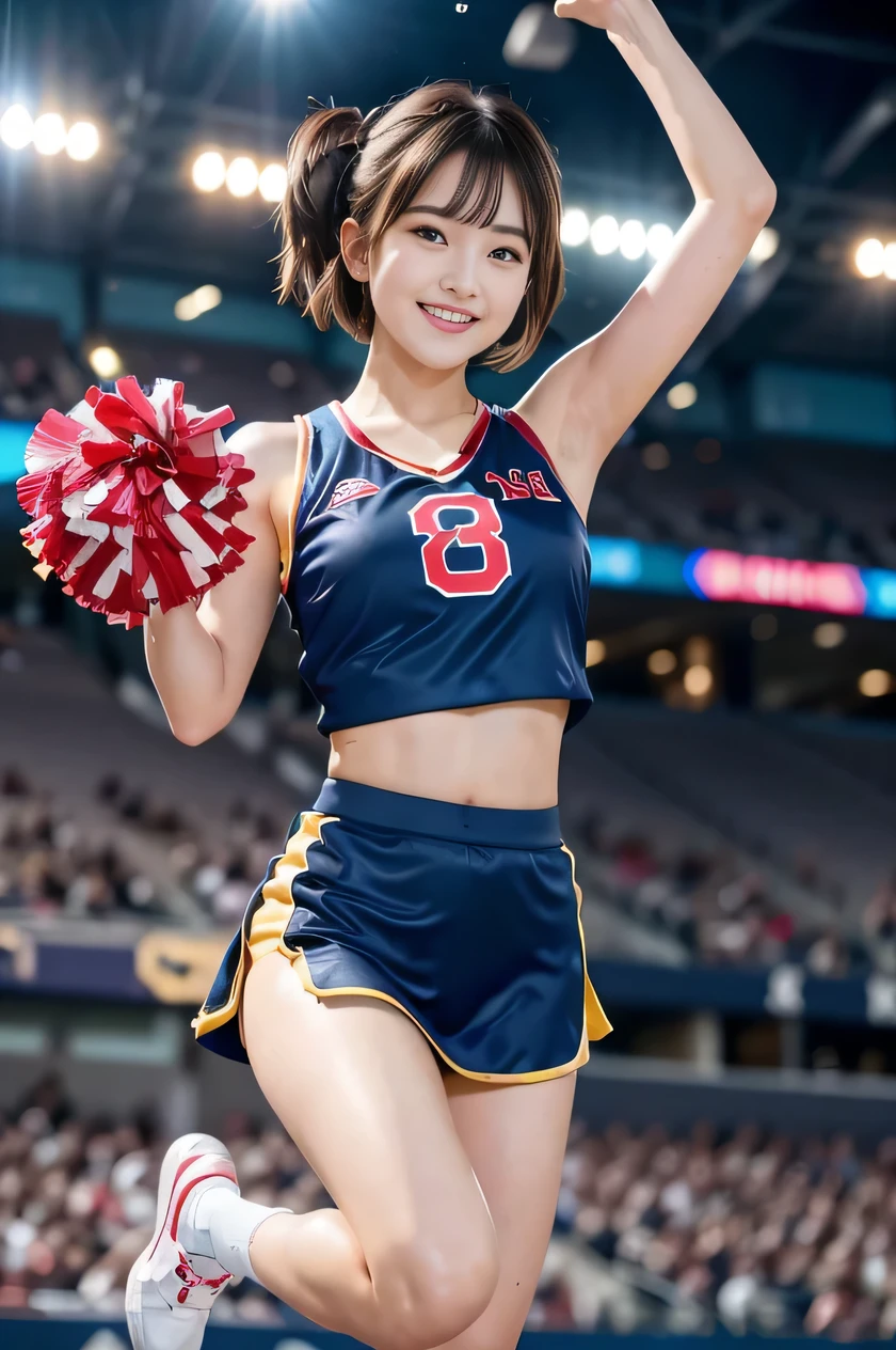 23-year-old Korean celebrity , matured and sexy, medium round breasts, cleavage, Breastbone, cheerleader, colourful cheerleader outfit, (short skirt flying), (panty exposed), arms up, full body, Eyes with beautiful details, eyeslashes, beautiful double eyelids, Eyeshadow, Slit eye, perfect eye makeup, seductive smile smugly, Beautiful thin legs, light blonde, bob cuts, pony-tail, various hairstyles, earings, perform in the basketball arena at night, Underwear visible, award winning photography, bokeh, NSFW,