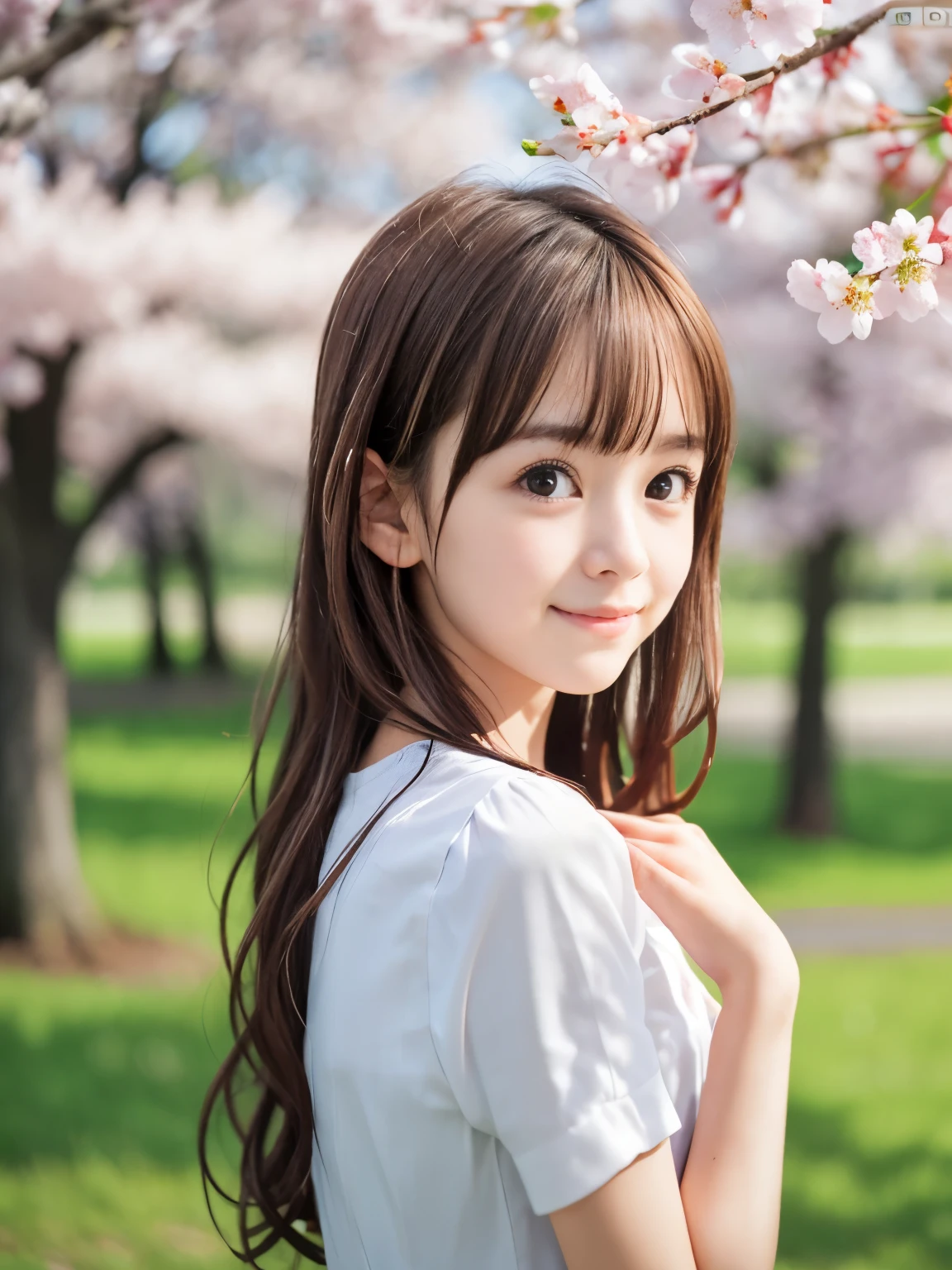 (Close up face shot of one slender small breasts red brown long wavy hair with dull bangs girl in spring dress :1.5)、(The girl has red brown eyes and dancing with a small smile and her hair flutters with the wind :1.5)、(Rows of cherry blossom trees in full bloom in near sea:1.5)、(Blurry background,:1.5)、(Perfect Anatomy:1.3)、(No mask:1.3)、(complete fingers:1.3)、Photorealistic、Photography、masutepiece、top-quality、High resolution, delicate and pretty、face perfect、Beautiful detailed eyes、Fair skin、Real Human Skin、((thin legs))