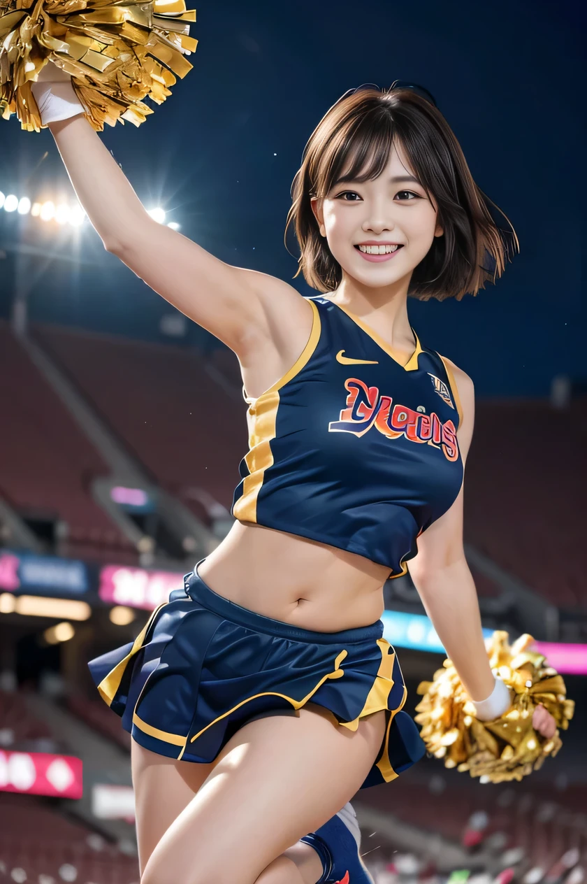 The beauty of 8K raw photos:2.0, short hair, 25 years old, great face and dark eyes, stare at the camera, smile full of joy:1.6, show teeth, Show 1&#39;~ side, dynamic pose,  jump, （Cheerleading Costumes:1.2)、wear sneakers:1.4, realistic:1.9, very detailed CG 統合 8k 壁紙, very detailed, High resolution RAW color photos, professional photos, Taken at the stadium, girl sexy portrait