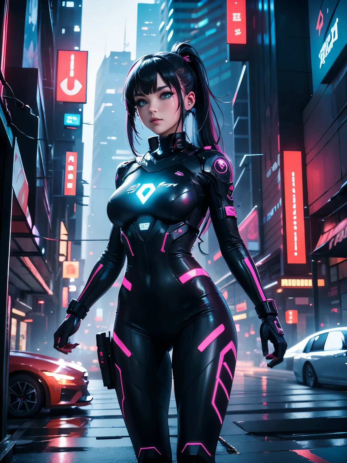 Cyberpunk girl, (neon blue 1:1), best quality, (neon red 1:1), higher detail, masterpiece, grungy futuristic city, (ray trace), city lights, crowded streets, HDR, 4k, 8k, 3D