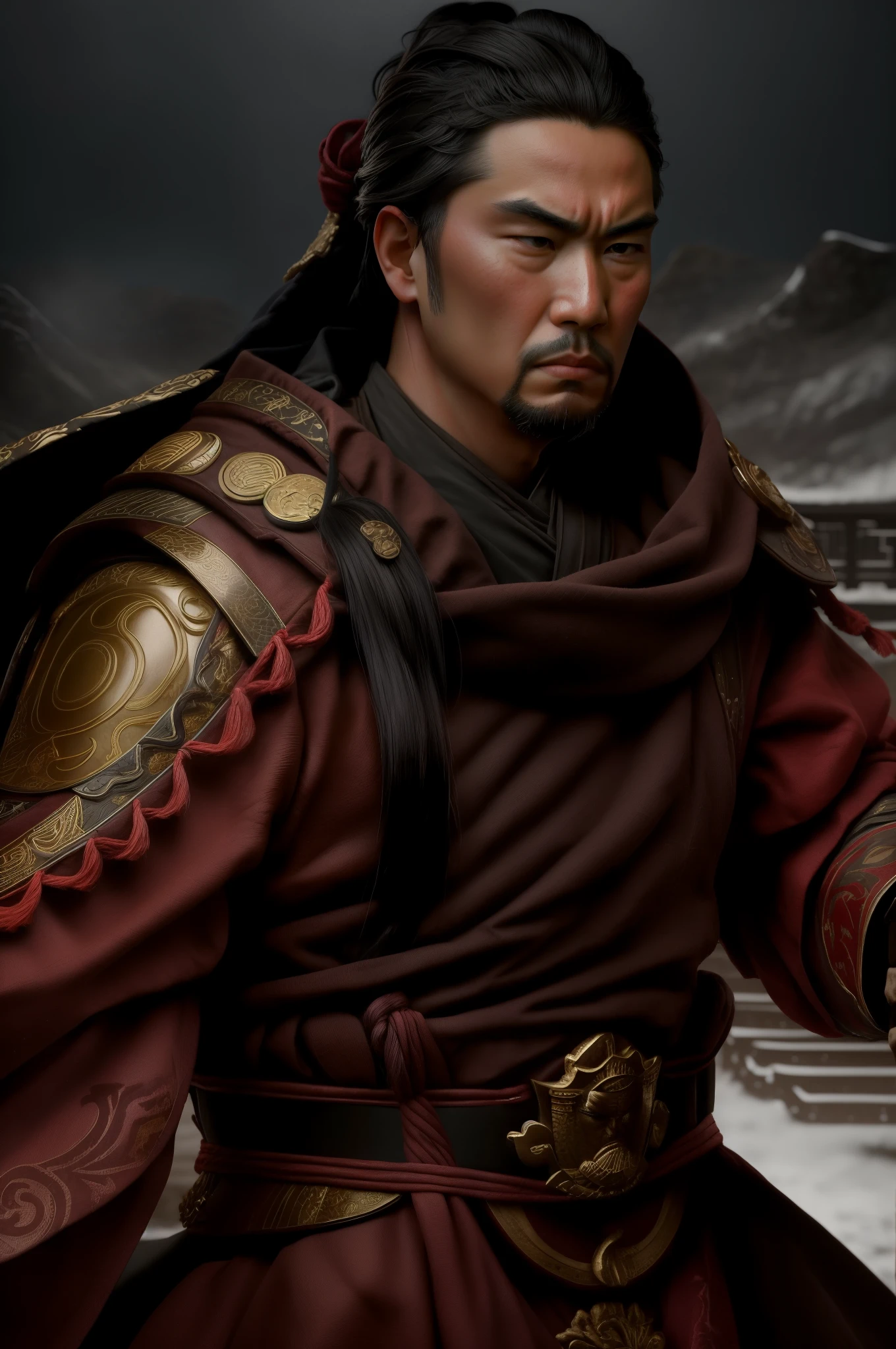 
Certainly! Here is a detailed prompt based on the image you have provided:

"Create an image of a stern-faced man with an authoritative presence, dressed in traditional East Asian attire. His hair is styled in an ancient East Asian manner, tied up on the head, suggesting a historical context. The man's attire should be rustic, indicative of a rough-hewn fabric, possibly a warrior's garb from centuries past. The background should be a deep black to highlight the textures and details of his attire and the subtle contours of his face. There should be a focused light casting dramatic shadows, emphasizing the seriousness of his expression and the historical significance of his appearance."