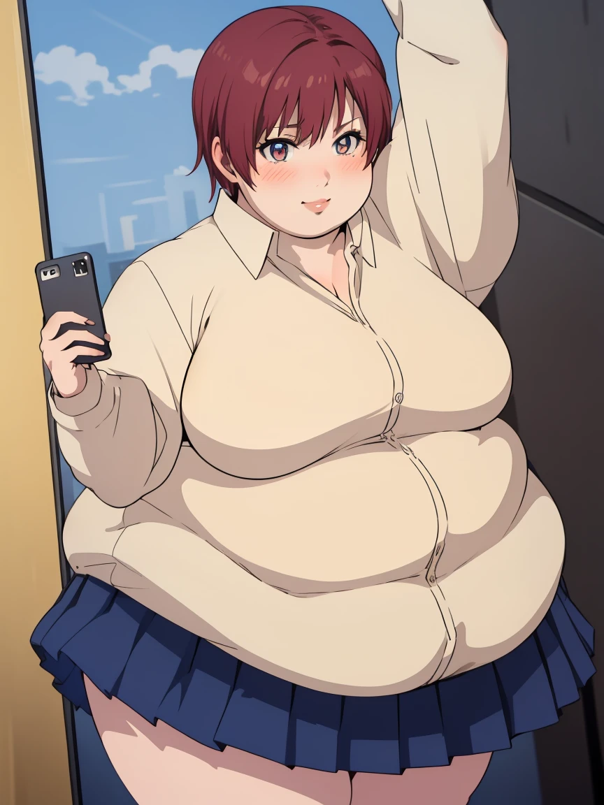 masterpiece,  best quality, highly detailed, obese KeiKsmt-KJ, shirt, skirt,  obese body, bright eyes, blushing, selfie, from above