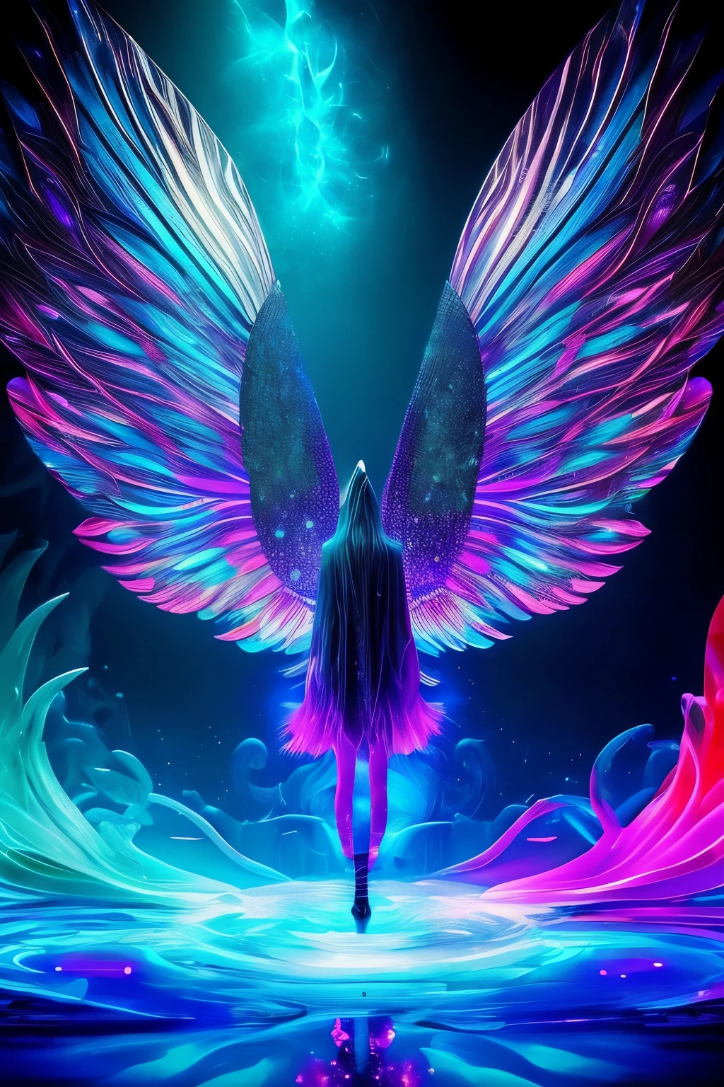 In a mesmerizing scene of dark fantasy, a mythical creature named fantasy00d emerges from the shadows. Its body shines with bioluminescent scales that emit a soft, ethereal glow. The focus is on its side, revealing the intricate details of its wings, which sparkle with a kaleidoscope eye effect. Above, a mysterious water surface moves gracefully over a frozen lake. The water emits neon light splash energies, creating an enchanting contrast against the dark backdrop.

The setting is surrounded by a powerful graffiti background, saturated with vibrant colors. The intricate patterns artfully dance in the colorful particle light, highlighting the