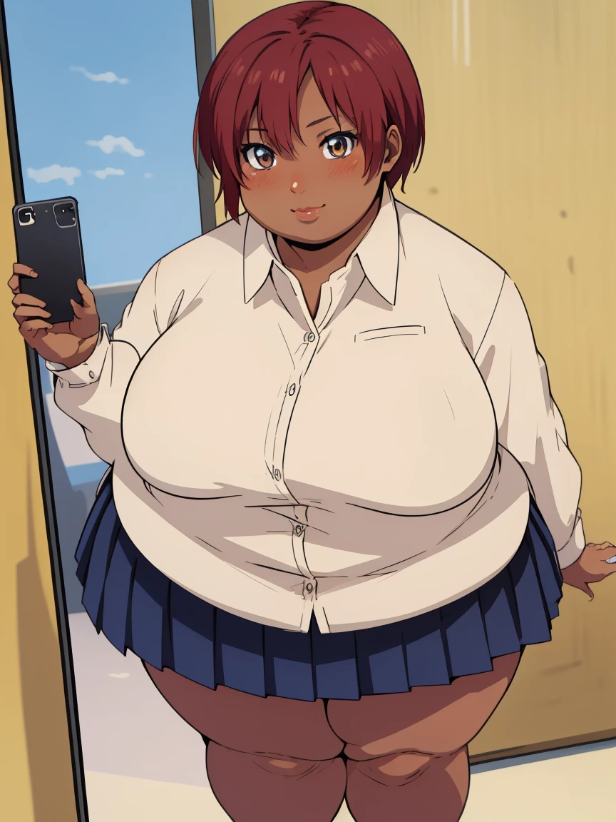 masterpiece,  best quality, highly detailed, obese KeiKsmt-KJ, shirt, dark skin, skirt,  obese body, bright eyes, blushing, selfie, from above