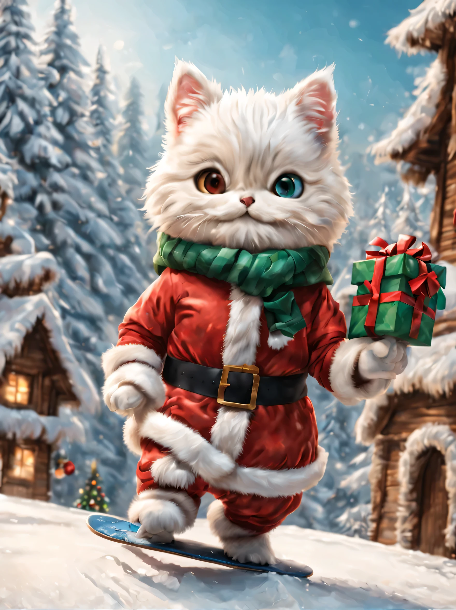 cute minuet, snowboarding in santa costume, carrying a christmas present, (masterpiece), (highest quality), (Ultra high detail)