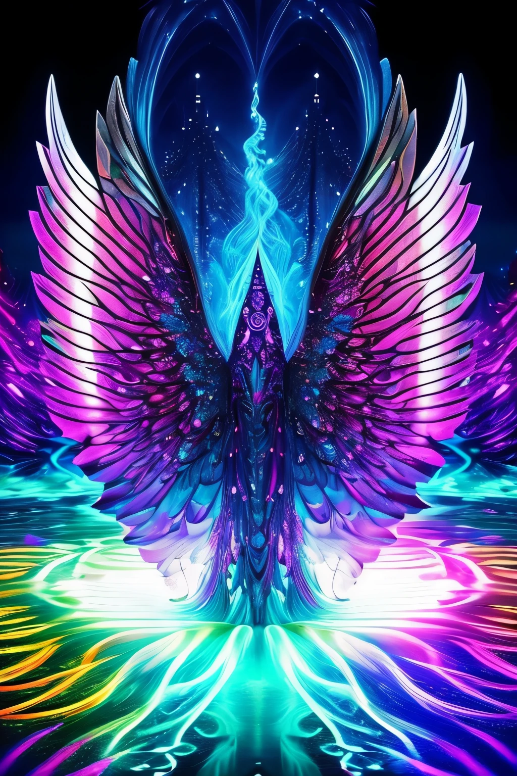 In a mesmerizing scene of dark fantasy, a mythical creature named fantasy00d emerges from the shadows. Its body shines with bioluminescent scales that emit a soft, ethereal glow. The focus is on its side, revealing the intricate details of its wings, which sparkle with a kaleidoscope eye effect. Above, a mysterious water surface moves gracefully over a frozen lake. The water emits neon light splash energies, creating an enchanting contrast against the dark backdrop.
The setting is surrounded by a powerful graffiti background, saturated with vibrant colors. The intricate patterns artfully dance in the colorful particle light, highlighting the