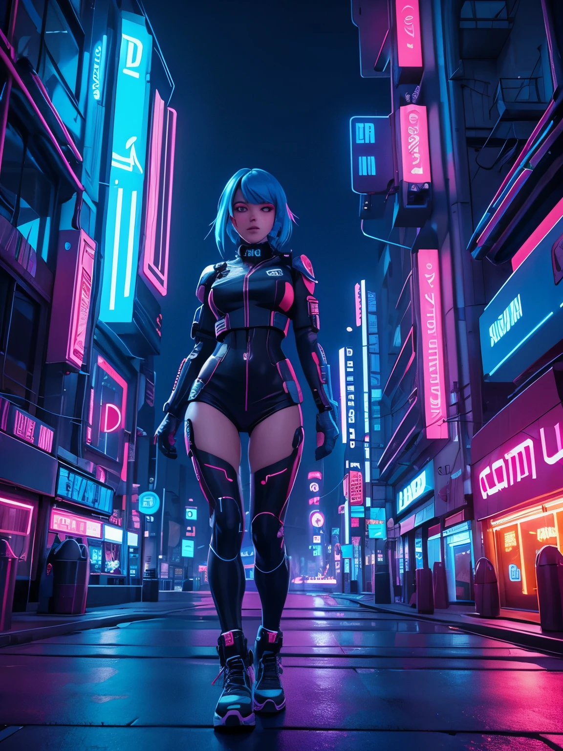 Cyberpunk girl, (neon blue 1:1), best quality, (neon red 1:1), higher detail, masterpiece, grungy futuristic city, (ray trace), city lights, crowded streets, HDR, 4k, 8k, 3D