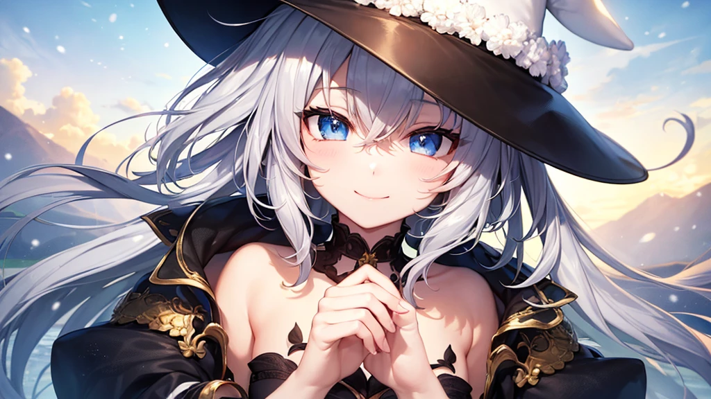 super high quality, with a girl, 20-year-old, very short hair, long bangs between the eyes, pale blue eyes , blue sky, sunlight, very detailed,(masterpiece、highest quality)、alone、gray hair、laughter、White skin as clear as snow、fantasy, silver hair, black eye, beautiful eyes,, ecstasy, charm, be smitten with audience, fantasyな風景、A smile in the sky