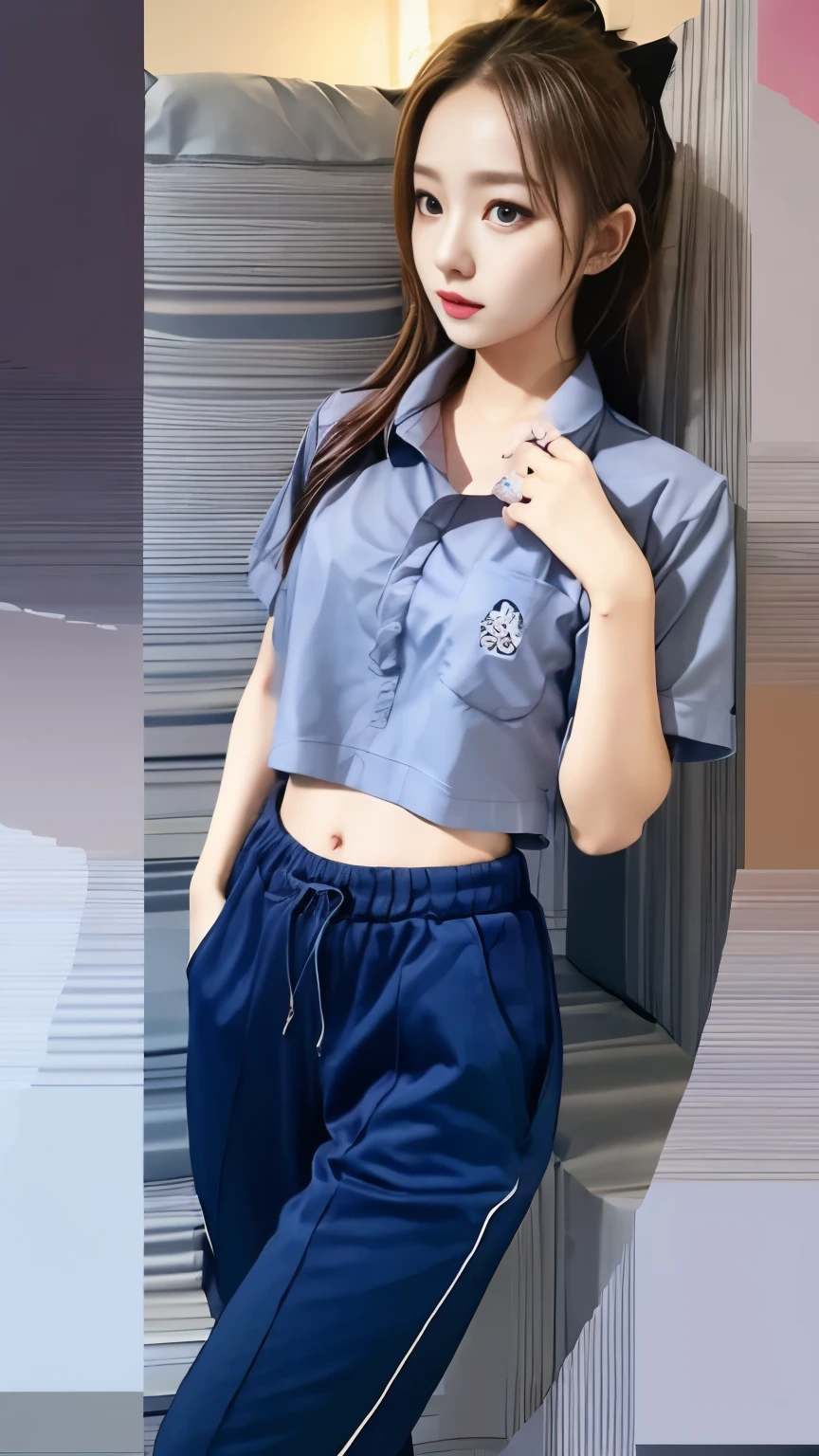 2 girls in the piano room, Navy blue short-sleeved shirt,Navy Long Trackpant,Sweatpants, Sweatpantsขายาว,25-year-old woman ,sexy pose ,Pants-pickpocketing,Slim figure
