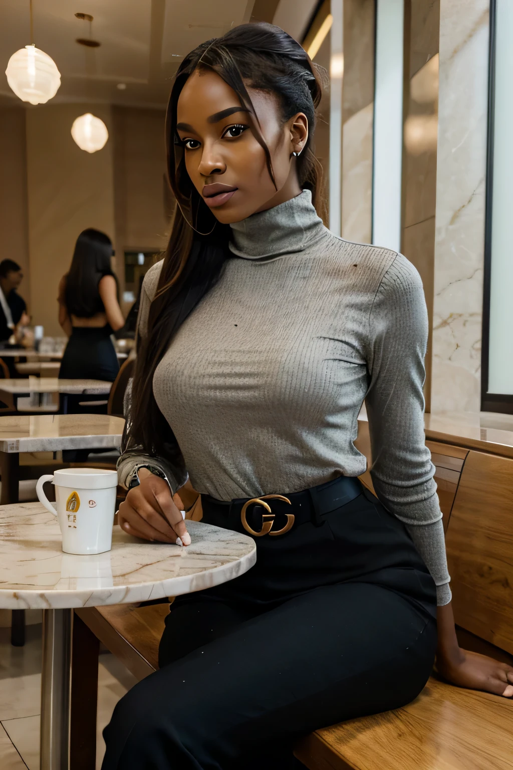 beautiful african woman, mulher branca, long hair up to the waist, Businesswoman, Wearing the Gucci-inspired summer collection , Milan Fashion Week, MFW, NYFW, turtleneck colorido , Estilo Vogue, corpo todo, Feliz, arquetipo criativa, olhando para camera, em uma cafeteria, Diferentes poses, Sitting not bench