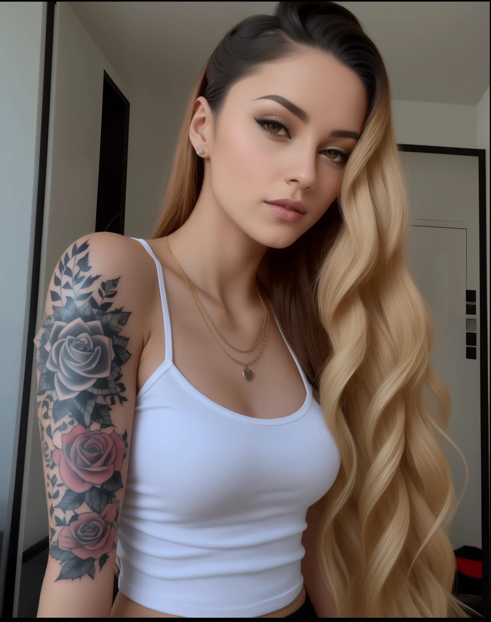 A closeup of a woman with long hair and a tattoo on her arm, morena com cabelos tingidos de loiro, com tatuagens, tatuado, tattoo sleeve on her right arm, Anna Nikonova aka Newmilky, tatuado, Angelina Stroganova, Marischa Becker, Garota sexy, Angie Glock, modelo do instagram, Kaitlyn Michelle Siragusa, Alana Fletcher