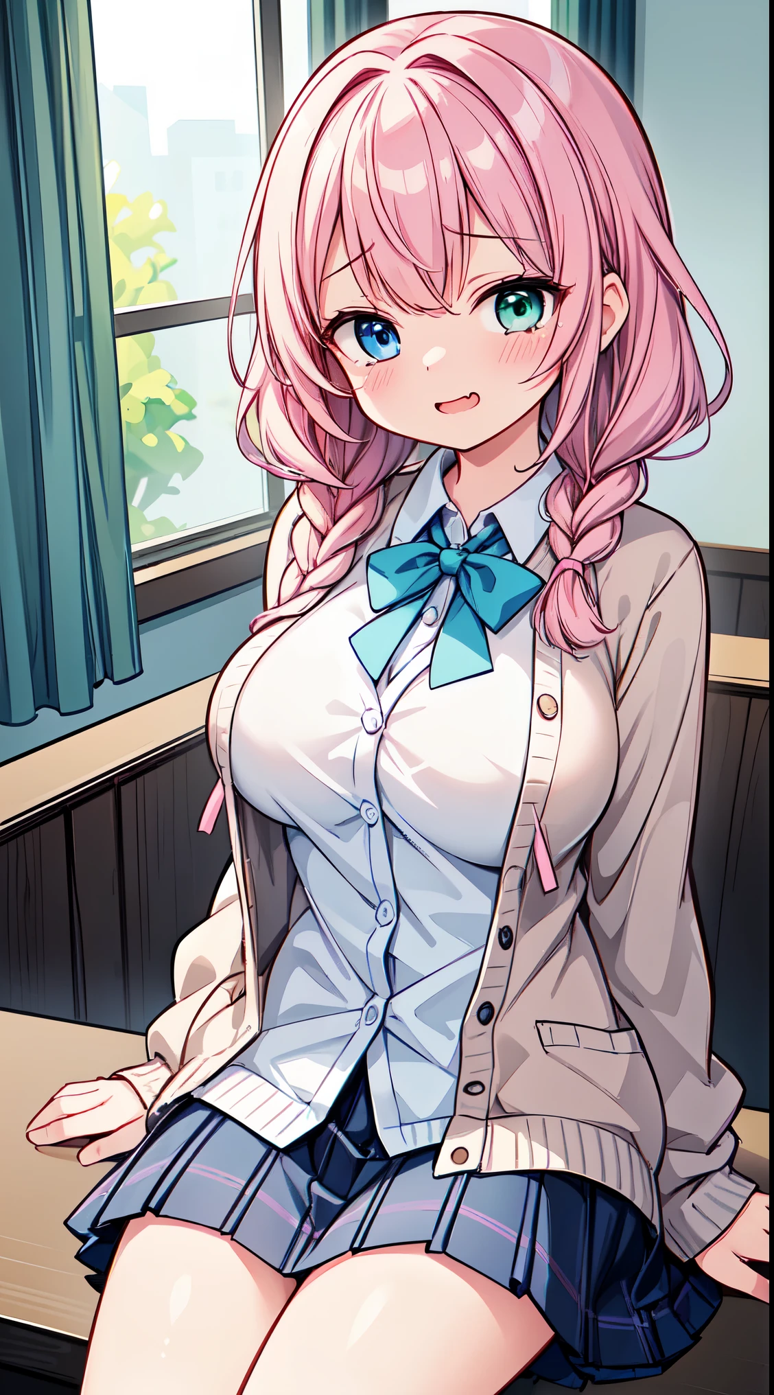 (masterpiece, top quality, best quality, official art, beautiful and aesthetic:1.2),ultra-detailed,intricate details,amazing illustration,award-winning art,atmospheric, 
BREAK one beautiful girl, (17 year old girl),alone,(cute系:1.5),(Chibi:0.6),(cute:1.5),(upon:0.5),break,(17 year old girl), one beautiful girl,very detailed,Colorful,best details,transparent skin,Shining beautiful skin,shy,very detailed,Colorful,best details,break,transparent skin,Shining beautiful skin,shy skin,break,(heterochromia,blue eyes,green eyes, eye highlights,first ultrafine star:1.45),star eye silhouette ,break,(pink hair, medium length:1.4),(twin braids,slightly curly hair,princess cut, crossed bangs:1.3),(big breasts,beautiful breasts,big breasts:1.5),(long eyelashes, double eyelid:1.2),alone,glowing skin, transparent skin, Shining beautiful skin,(highest quality face),(highest qualityの輝く目),(smug face,brave face:1.45) BREAK,

sitting, leaning back, arm support, knees together feet apart, from below, close-up pussy, dutch angle,embarrassed, (closed eyes:1.2), open mouth, sleepy, surprised, tears

BREAK school uniform, (white collared shirt:1), long sleeves, red neck ribbon, (unbuttoned cardigan:1), beige cardigan,
BREAK (blue checked skirt:1.1), white socks, loafers
BREAL hallway, floor, window, shiny hair, portrait, panorama shot, cinematic angle, BREAK,wakame,wakame,wakame,(Cowboy Shot:1.4),

BREAK,(Blurry background:1.3),(absurderes, hight resolution, Super Detail Art),cel shading,Clear Color, Lonely optical effect, Beautiful pictures, Bright glow, mystic atmosphere,(Close-up of girl:1.1), Mystical light particle effect,manga influence, clean line drawings,