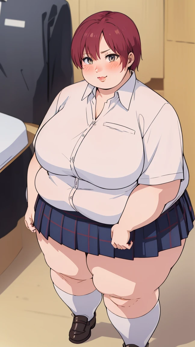 masterpiece, best quality, highly detailed, obese KeiKsmt-KJ, shirt, skirt, obese body, bright eyes, blushing, selfie, from above, obese sexy