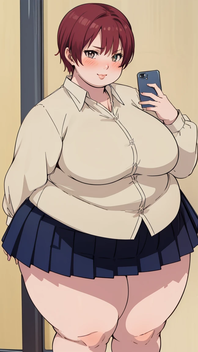 masterpiece, best quality, highly detailed, obese KeiKsmt-KJ, shirt, brown skin, skirt, obese body, bright eyes, blushing, selfie