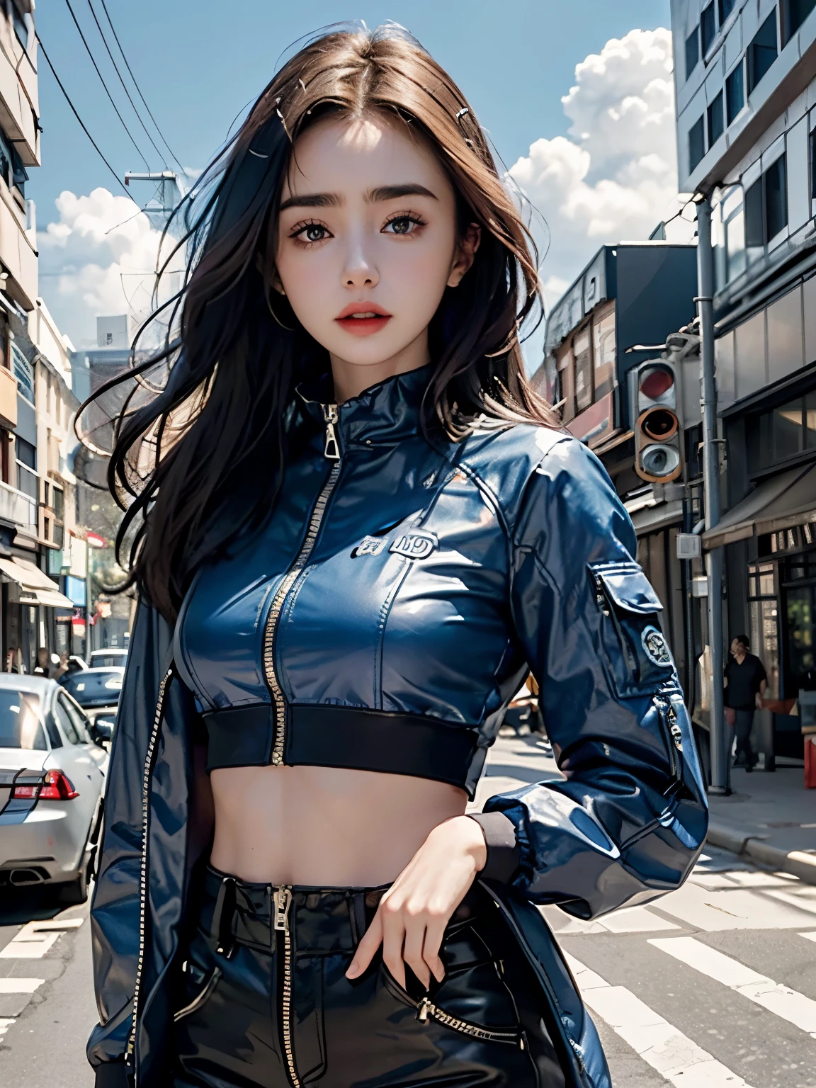Lily Collins,Tall figure,skin,Upper body shorts,Medium shorts,buttons,zipper,Complex workmanship,icon,company logo,Emit blue light,background with,future technology,cyberpunk city,,big gear,wind,Blue sky and white clouds,