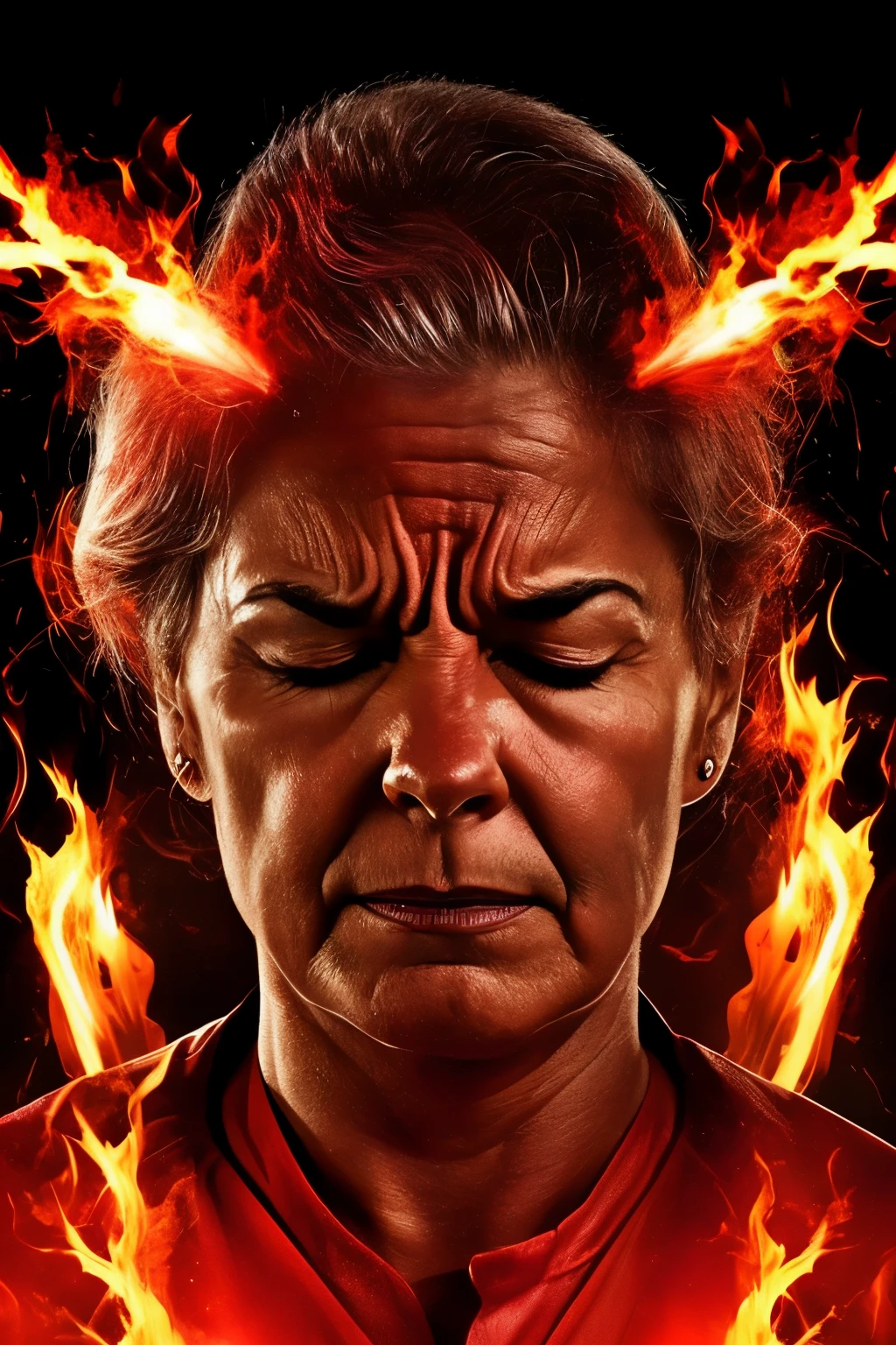 Desenhe uma imagem que represente o burnout. The image should include elements that represent the physical symptoms, emocionais e mentais do burnout. red flames above the head, mulher de 50 anos