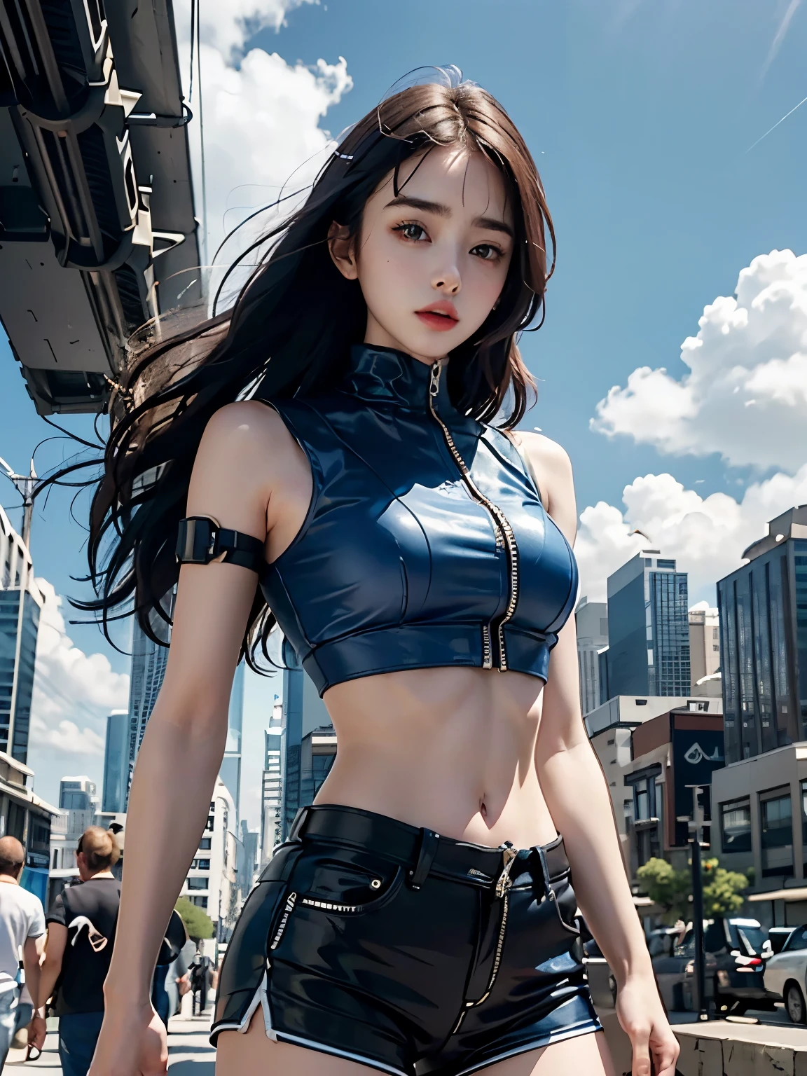 Lily Collins,Tall figure,skin,Upper body shorts,Medium shorts,buttons,zipper,Complex workmanship,icon,company logo,Emit blue light,background with,future technology,cyberpunk city,,big gear,wind,Blue sky and white clouds,