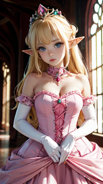 (quality, 4k, 8k, high resolution, masterpiece: 1.2), ultra-detailed, blurry, depth of field, blurred foreground, blurred background, pink, pink rose, dress, jewelry, earrings, elf ears, elf blonde hair, stained glass, princess dress, blue eyes, elbow gloves, pink dress, breasts, looking at viewer, hair over one eye, long hair, pink flower, elf ears, throne room, gloves, motion blur, solo focus , peach princess, crown, strapless, blush, white dress, photo \(medium\), 1 elf girl, gem