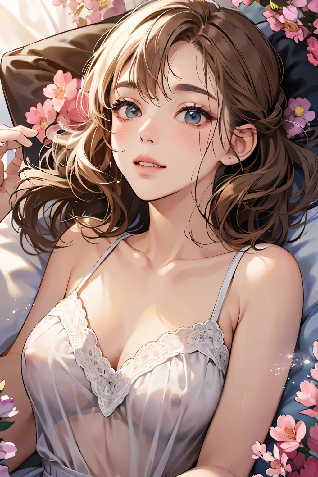 (pieces fly, 4K,8K, Super detailed, beautiful images, clear image, realistic,perfect face, perfect lines, perfect eyes, soft lighting) 1 female, (light brown hair,high chignon hair,innocent look,lowered eyebrows,droopy eyebrows,droopy eyes,cute big eyes,natural makeup,gentle smile,Round jaws,23 year old female:1.3),スーツ姿のハンサムなmale性2人, (male,male性はスーツ姿,muscular,Firm shoulder width, maleの,boyish hairstyle,british gentleman&#39;s style,クールな表情の成熟male性,明るい笑顔の成熟male性:1.2),(nervous,embarrassing,sleepy,embarrassing:1.2),innocent smile,(embarrassing,shy smile:1.1),光あふれるbedルーム、bed、レースのnightgown、kissをしている、kiss、couple、couplekiss、romance、sex、(maleと女、human,have :1.5),(human, humanの,Rubbing the girl's boobs:1.2),blush、gasping face、embarrassing、Cowgirl、exposed chest、wet shirt、nightgown、Flower Cottage、surrounded by many flowers、水にwet shirt、transparent nipples、Twist the hem of the skirt