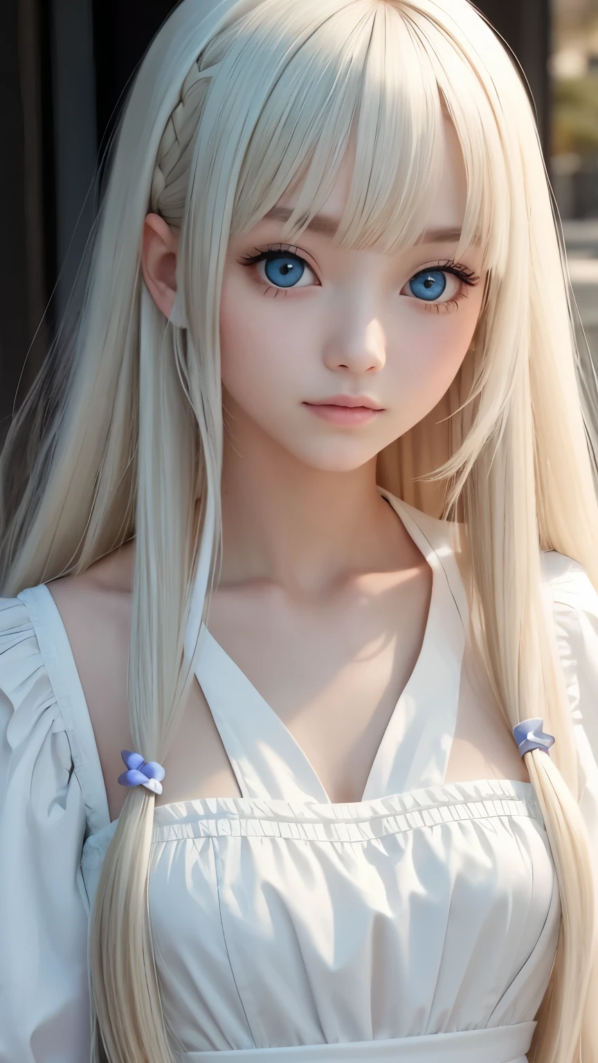 bright look、photorealism、highest quality、Super high resolution、picture、Photo of an exquisitely beautiful Scandinavian girl、extraordinary beautiful girl、cute and beautiful face details、(Pueros face_v1:0.008)、beautiful bangs、alice in wonderland、18-year-old、Shining white skin、hair run that extends to the face、bangs between the eyes、super long hair、Attractive light and dark platinum blonde super long straight silky hair、thin hair、Charming shining beautiful bright clear light blue big eyes、white apron、yellow dress、eyeliner、double eyelid、rich bust