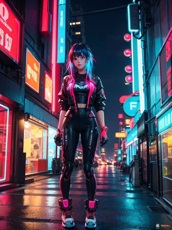 Cyberpunk girl, (neon blue 1:1), best quality, (neon red 1:2), higher detail, masterpiece, grungy futuristic city, (ray trace), city lights, crowded streets, HDR, 4k, 8k, 3D