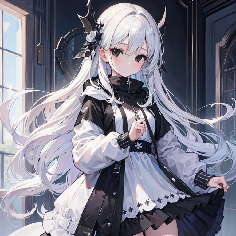 (best quality,highres,masterpiece:1.2),ultra-detailed,extremely detailed, cold, solitary, 1 girl, beautiful girl, gaze, (black eyes:1.5), (beautiful detailed eyes:1.2), (long hair:1.2), (white hair:0.8), (silver hair:0.5), (bangs:0.5), (dull hair:0.5), (hair accessory:0.5), (braided:0.5), hoodie dress,