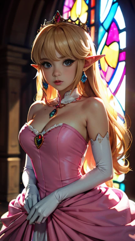 (quality, 4k, 8k, high resolution, masterpiece: 1.2), ultra-detailed, blurry, depth of field, blurred foreground, blurred background, pink, pink rose, dress, jewelry, earrings, elf ears, elf blonde hair, stained glass, princess dress, blue eyes, elbow gloves, pink dress, breasts, looking at viewer, hair over one eye, long hair, pink flower, elf ears, throne room, gloves, motion blur, solo focus , peach princess, crown, strapless, blush, white dress, photo \(medium\), 1 elf girl, gem