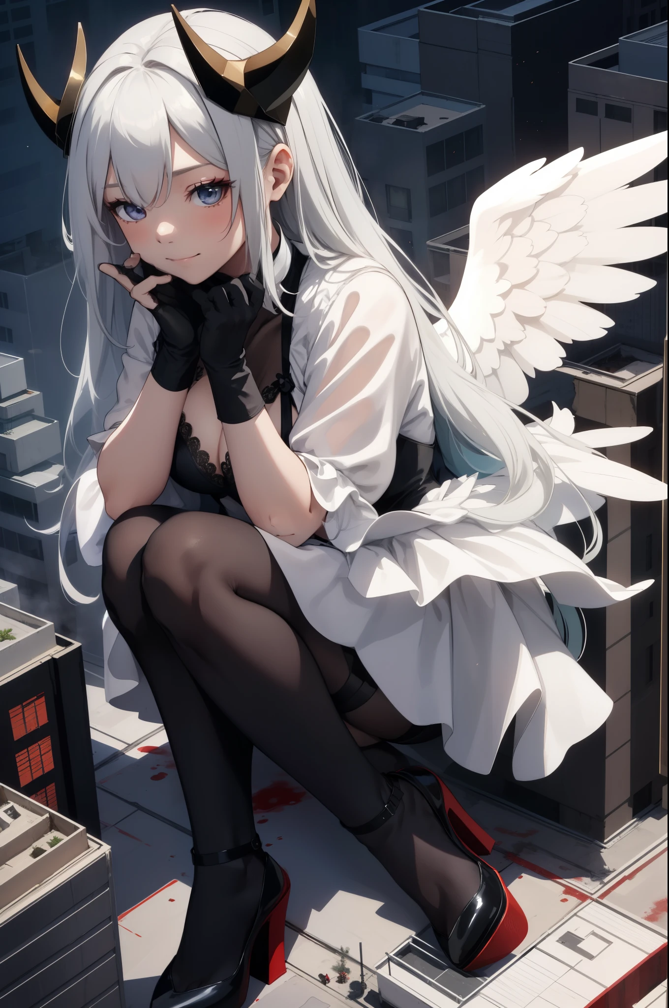 Aerial View，giant girl 50,000 feet high，Have a pair of long legs，Has a pair of huge angel wings，With huge devil horns on his head，Has white waist-length hair，loose hair，Wearing a pair of Mary Jane heels，white wavy hair，Black lace gloves，Black lace pantyhose，黑色蕾丝whole body，leaning upright on a tall building，城市到处是blood stains，Beautiful appearance，Exquisite makeup，quality，8k，高quality，Perfect proportion, Cinema lighting，film grain，Fuji colors，8k，textured skin，Super details，high detail，high resolution，explode，fake smile，blood stains，脚底有blood stains，whole body，Fat stature