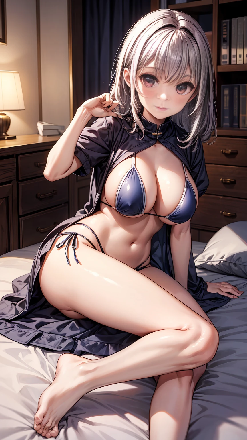 1 girl, the best, masterpiece, HD, (whole body), Symmetrical, alone, (whole body from head to toe), ((moro liberation front)), Slingshot bikini, unrealistic, (( camel toe)), ((((translucent bikini)))), ((((translucent)))), ((((transparent)))), (((transparent clothing))), whole body视图, Gaze towards the camera, ((Isometric pillow diagram)), ((dakimakura)), (Lying in bed),Physically based rendering, beautiful women, Perfect body, Smile, bedroom, Giant breast, barefoot, toe