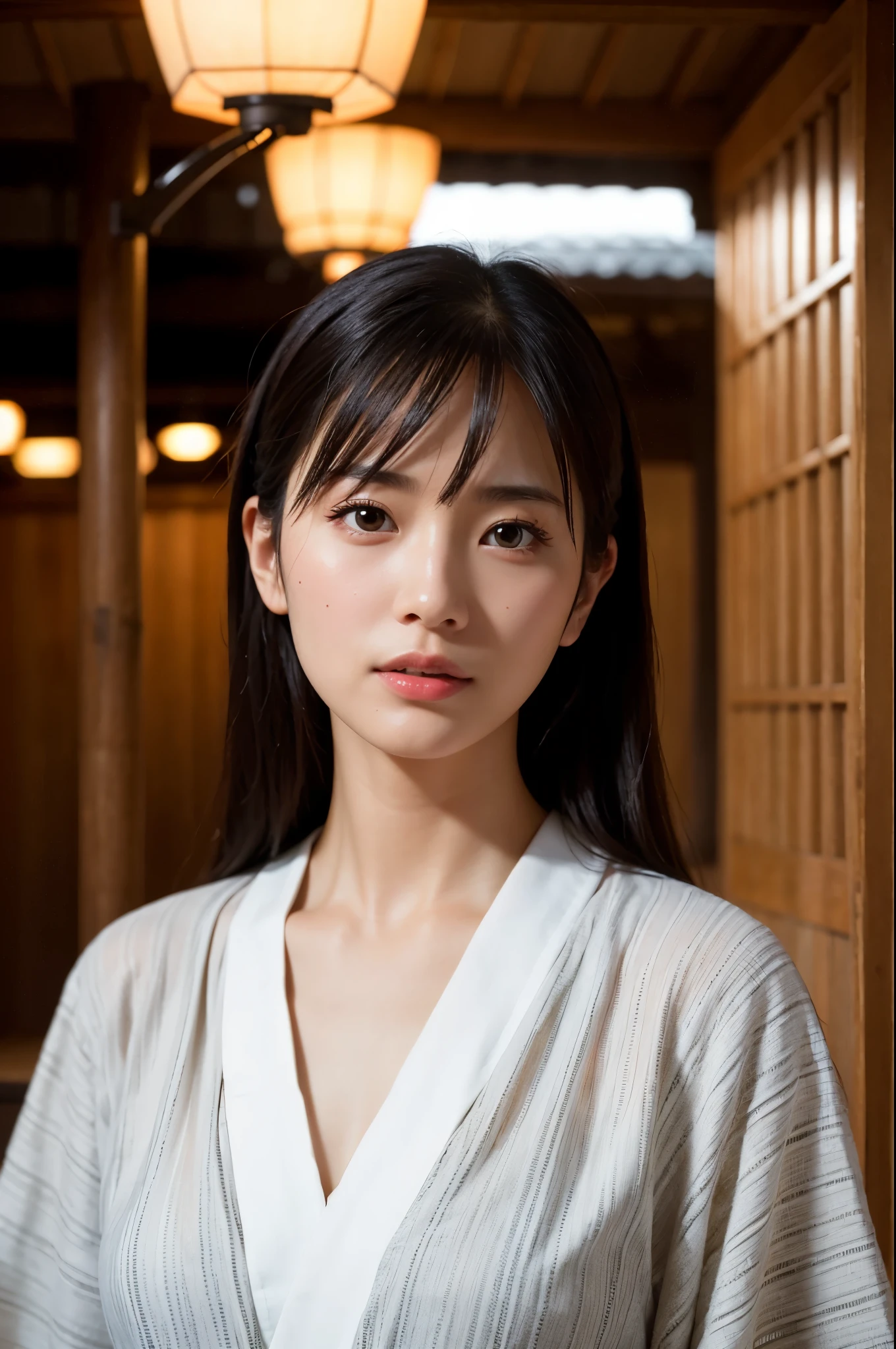 Highly detailed CG Unity 8k wallpaper, highest quality, masterpiece, (Realistic, photorealistic:1.4), ultra high res, (A beautiful Japanese Mature Woman in a Yukata with Monotone vertical stripes, solo), Inside a room in an old-fashioned Japanese onsen ryokan, medium shot, Perfect feminine figure, Fascinating milf, Amazing beautiful face, bewitching Goddess, parted lips, glossy sweaty skin, cinematic composition, professional moody lighting and shading, (extremely detailed eyes and face, eyes with beautiful details, insanely detailed beautiful realistic skin texture), (correct body balance, accurate hands, accurate eyes)