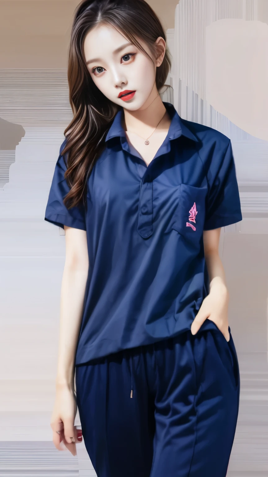 2 girls in the piano room, Navy blue short-sleeved shirt,Navy Long Trackpant,Sweatpants, Sweatpantsขายาว,25 year old girl,Picking up shirt,sexy,provoking,Slim figure