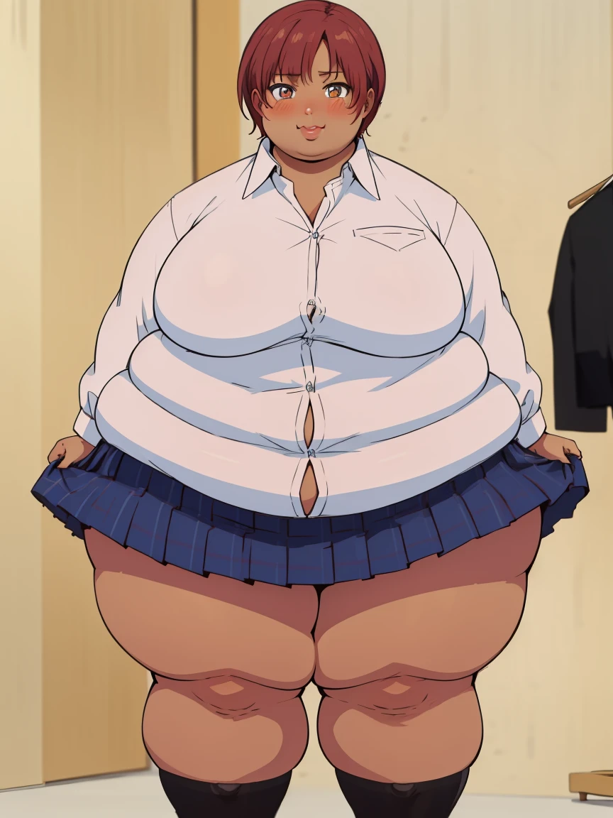 masterpiece,  best quality, highly detailed, obese KeiKsmt-KJ, shirt, brown skin, skirt,  obese body, bright eyes, blushing, selfie