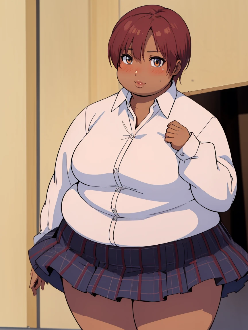 masterpiece,  best quality, highly detailed, obese KeiKsmt-KJ, shirt, brown skin, skirt,  obese body, bright eyes, blushing, selfie