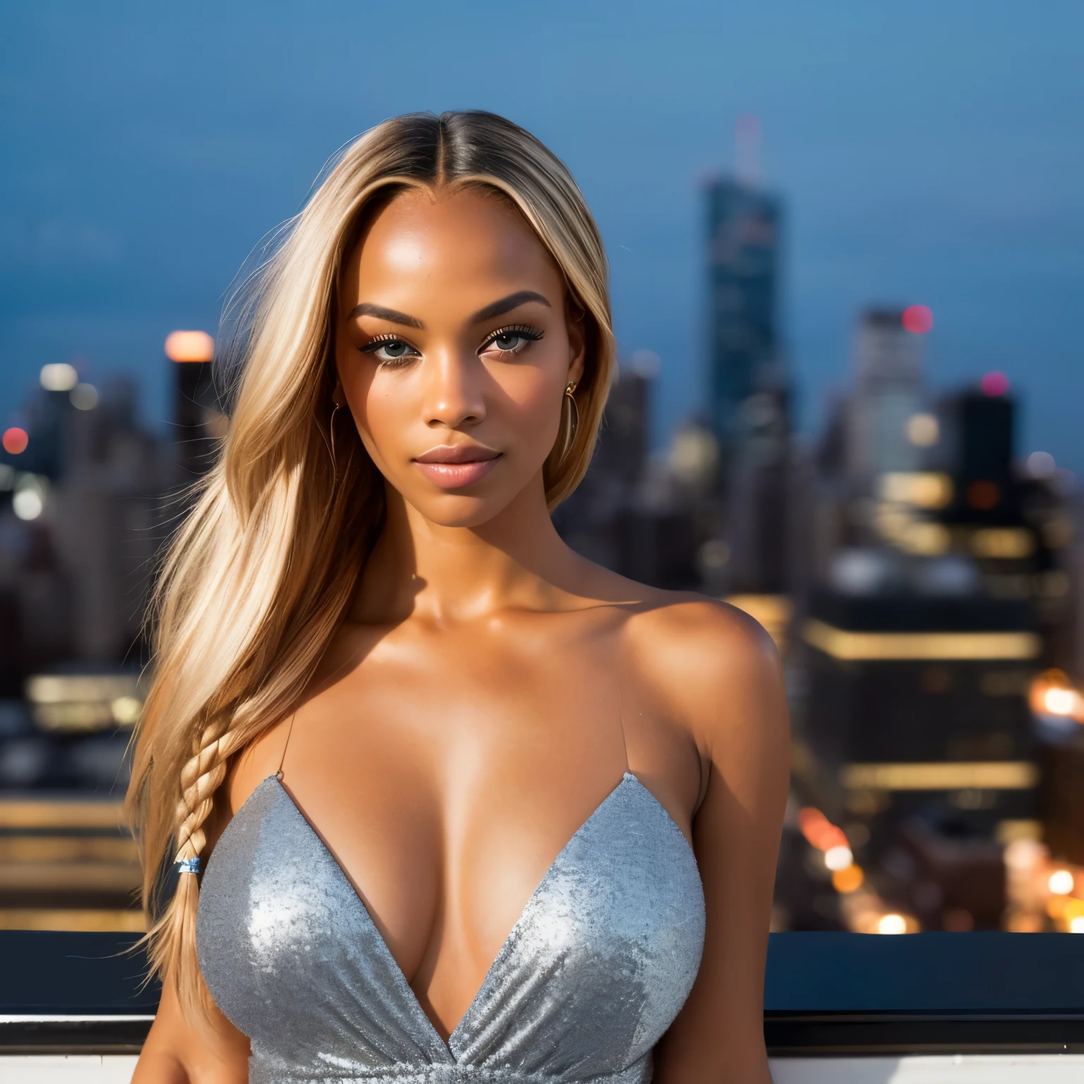 (Uncentered view: 1.4), (full of the body: 1.4), RAW UHD portrait photo of a 28-year-old African (blue-eyed African woman mixed brazillian), blonde braids, large breasts, (sleek jumpsuit), against a New York skyline, (strapless), showcasing (cityscape!, skyline lights, glamour!! , allure: 1.1), captivating eyes with city glint (fixating on the camera), Rooftop city lights, mirrorless camera, urban tones, crisp details, subtle grain, Nikon Z6, sophisticated framing, sharp focus, city bokeh (city lights), night, details (textures! , hair! , glitter, color!! , disadvantages: 1.1), glossy eyes with high detail, ultra-quality, depth of field, film grain, crystal clear, frame center, beautiful face, sharp focus, bokeh (dimly lit), day, detailed skin pores, oily skin, sunburn, complex eye details, full body, large breasts