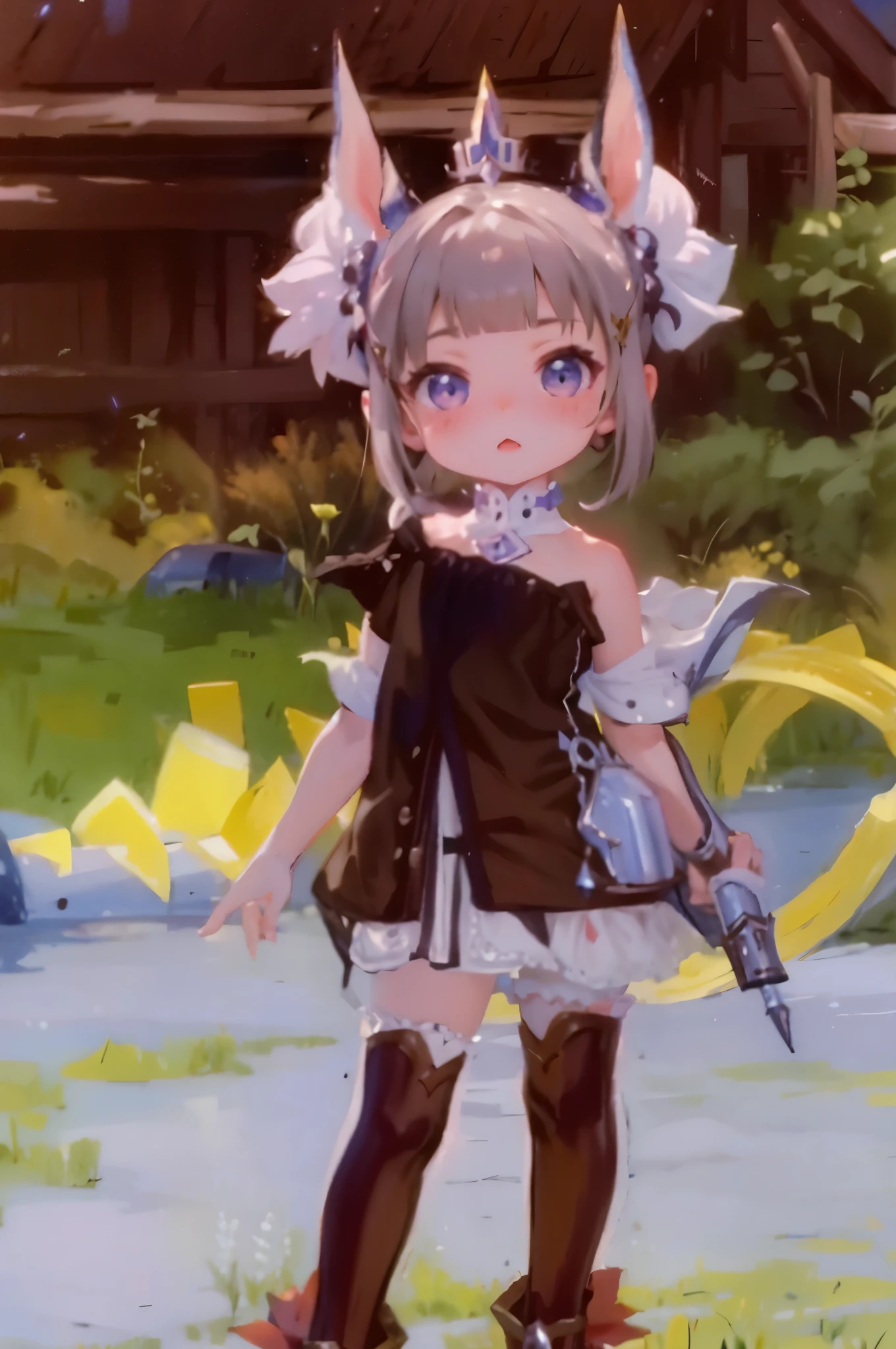 masterpiece:1.2, best quality, detailed and beautiful, a close up of a person in a costume standing in a field, fantasy outfit, lalafell, intricate outfit, small curvy loli, ragnarok online, final fantasy 14 style, maple story gun girl, dressed like a cleric, wearing shiny breastplate, frilly outfit, style of maple story, jrpg fashion