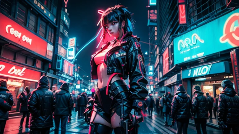(4girls), Cyberpunk girl, (neon blue 1:1), best quality, (neon red 1:2), higher detail, masterpiece, grungy futuristic city, (ray trace), city lights, crowded streets, HDR, 4k, 8k, 3D