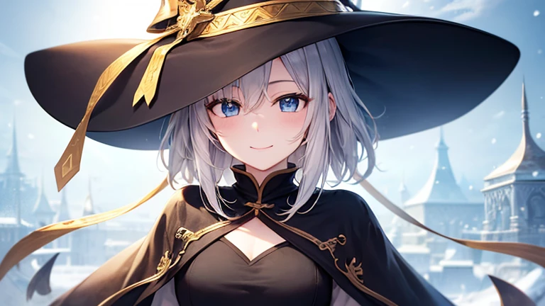 super high quality, with a girl, 20-year-old, very short hair, long bangs between the eyes, pale blue eyes , blue sky, sunlight, very detailed,(masterpiece、highest quality)、alone、gray hair、laughter、White skin as clear as snow、fantasy, silver hair, black eye, beautiful eyes,, ecstasy, charm, be smitten with audience, fantasyな風景、A smile in the sky、witch hat